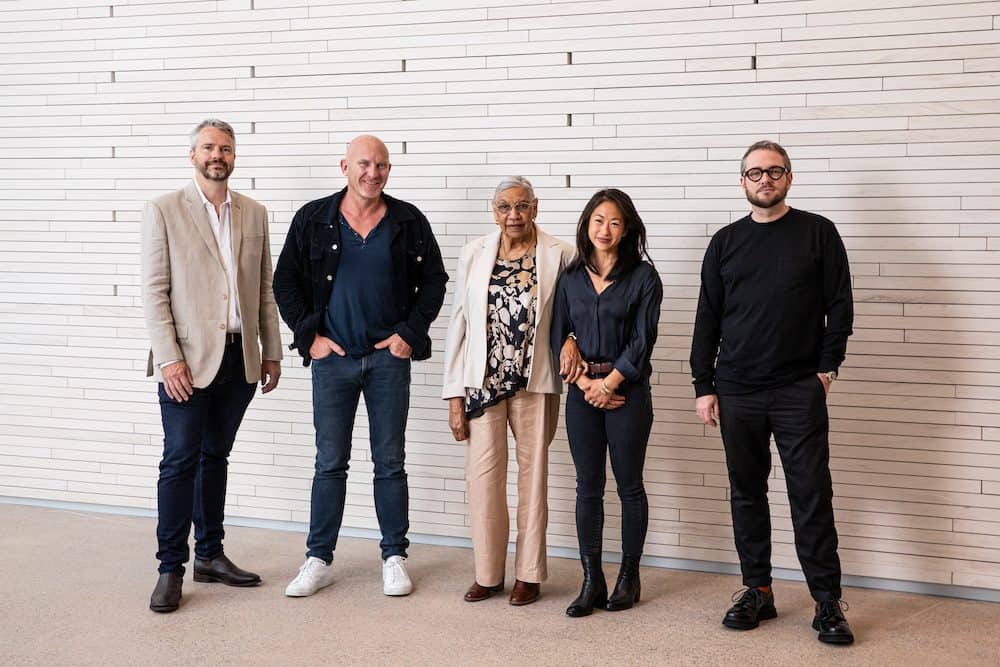 (Left to right) Chefs Keith Higginson, Matt Moran, Aunty Beryl Van-Oploo, Palisa Anderson, and Clayton Wells in the
Art Gallery of New South Wales new building. Photo: Trent Van Der Jagt