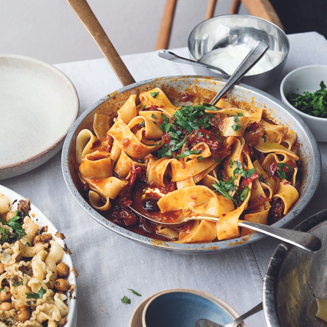 Ottolenghi's Pappardelle with Rose Harissa, Black Olives and Capers 1080