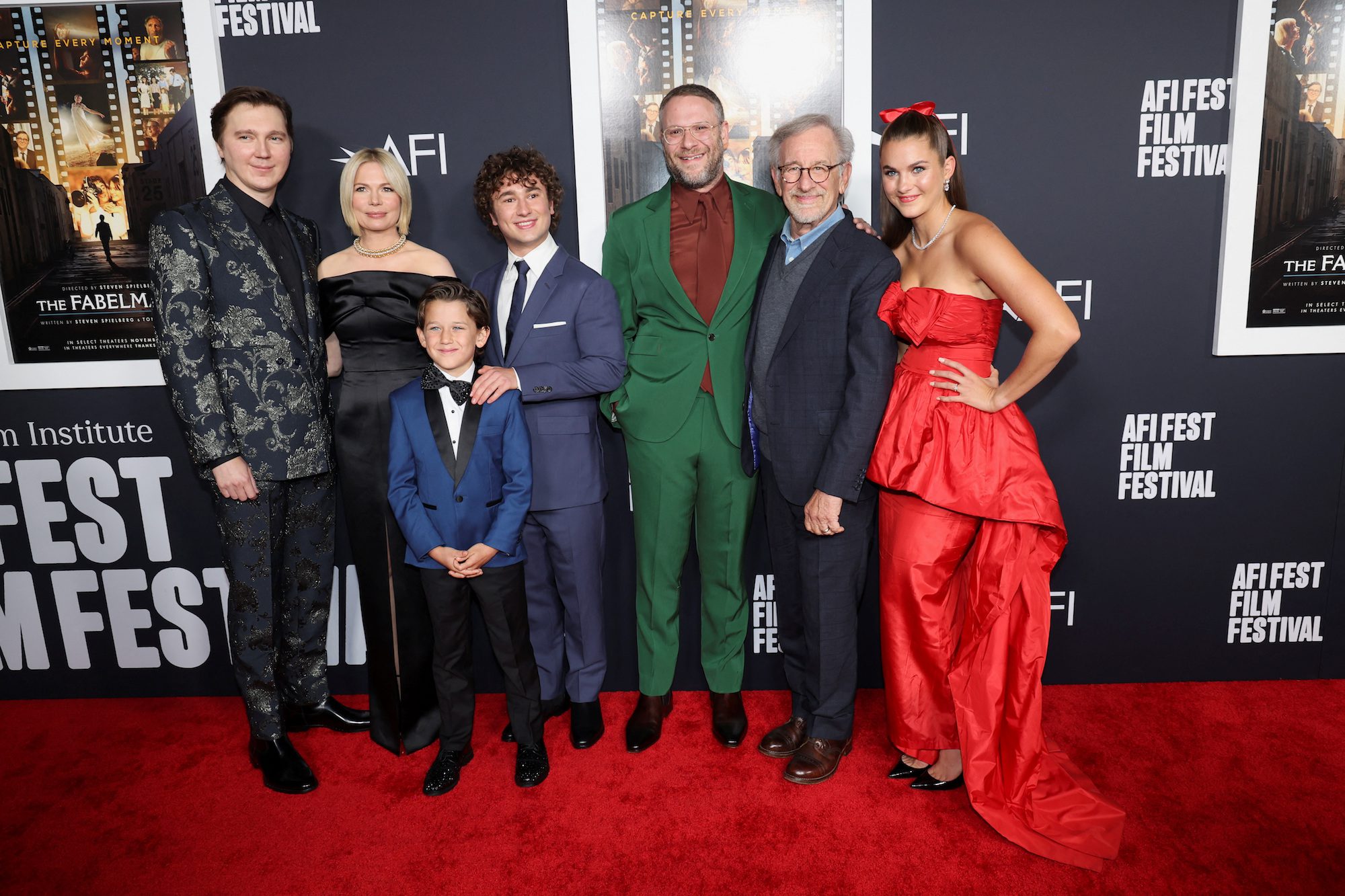 Director Steven Spielberg, cast members Michelle Williams, Paul Dano, Mateo Zoryon Francis-DeFord, Gabriel LaBelle, Seth Rogen and Chloe East attend a premiere for the film "The Fabelmans" during the AFI Fest in Los Angeles, California, U.S., November 6, 2022. REUTERS/Mario Anzuoni