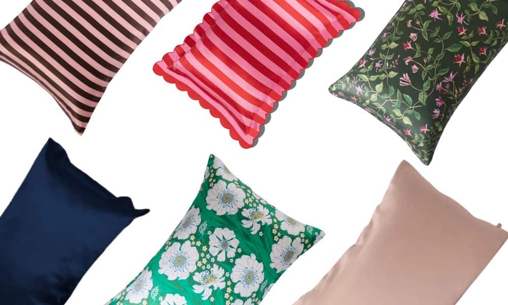 Silk pillowcases from:  (clockwise from top L) Hommey, Slip, Adairs, Penney & Bennett, Kip & Co and Manuka Dreams.