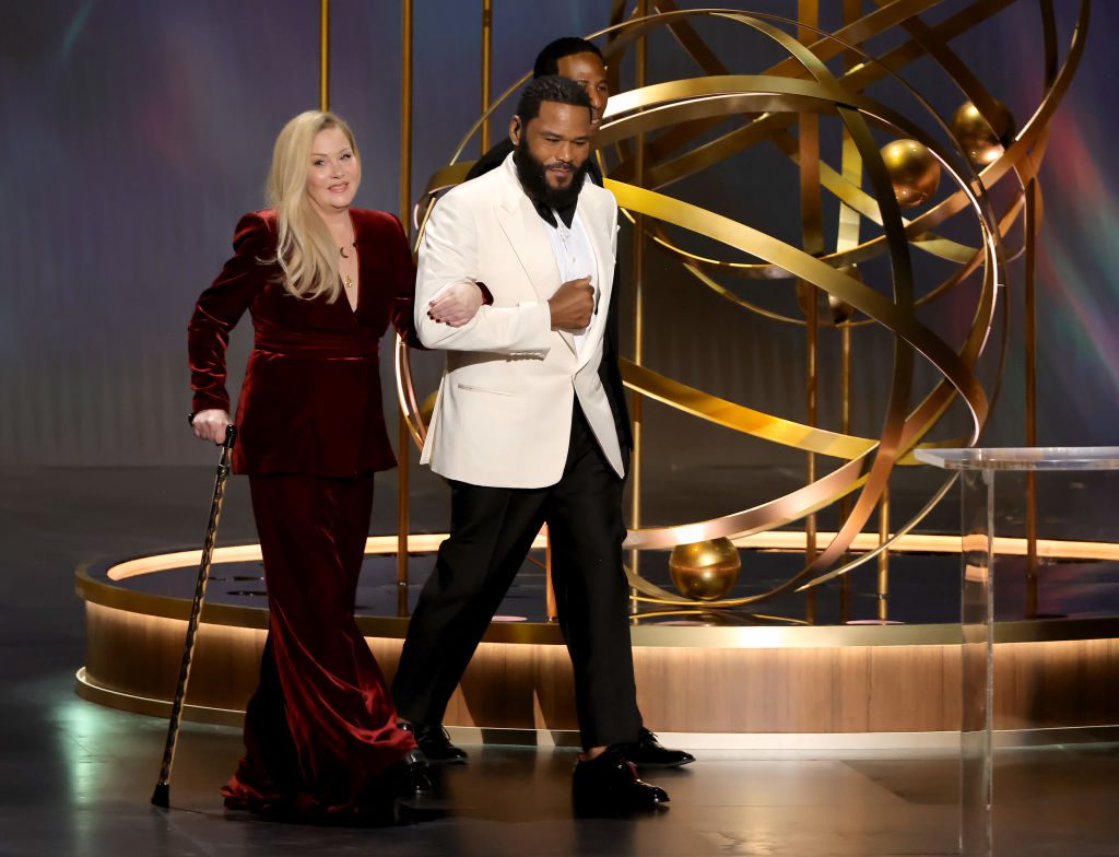 Christina Applegate and host Anthony Anderson speak onstage during the 75th Primetime Emmy Awards at Peacock Theater on January 15, 2024 in Los Angeles, California. (Photo by Kevin Winter/Getty Images)