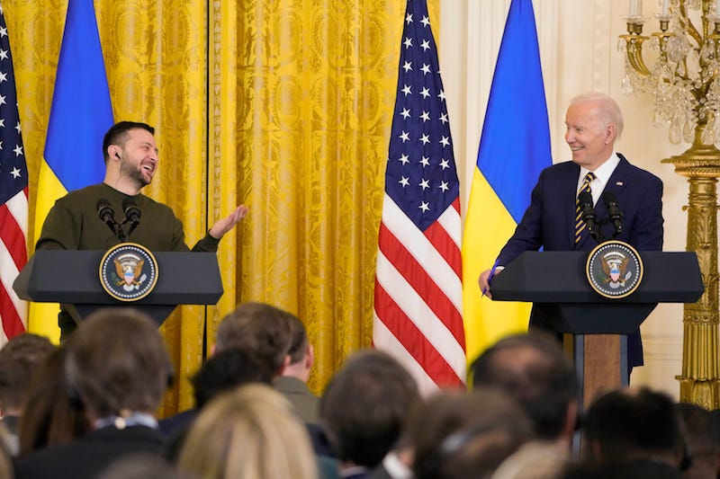 President Joe Biden hosts a joint press conference with President Volodymyr Zelenskyy of Ukraine in the East Room of the White House on December 21, 2022. 