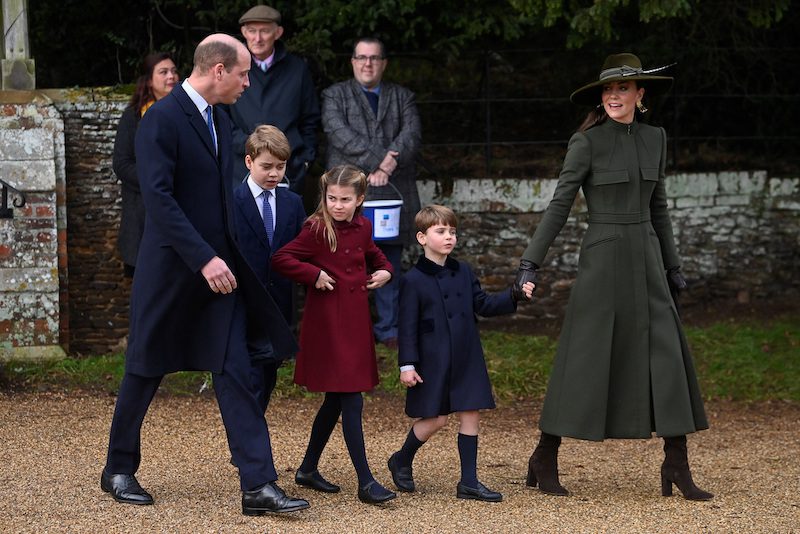 Britain's Prince William, Prince of Wales, Catherine, Princess of Wales, Prince George, Princess Charlotte and Prince Louis attend the Royal Family's Christmas Day service at St. Mary Magdalene's church