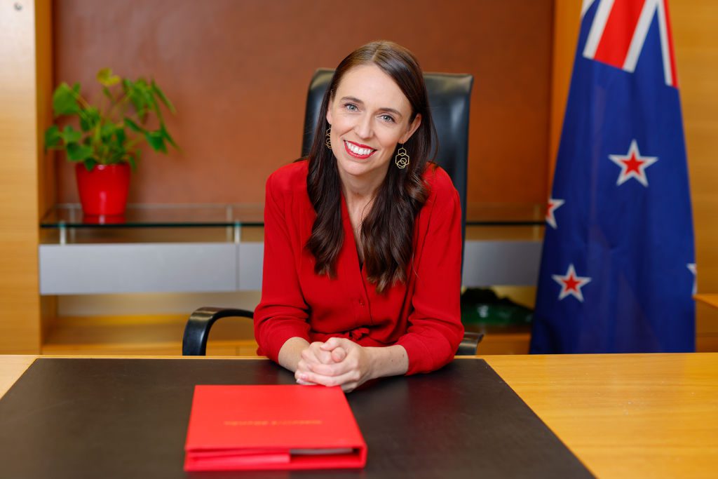 New Zealand Prime Minister Jacinda Ardern sits at her desk for the last time as Prime Minister at Parliament on January 25, 2023 in Wellington, New Zealand. (Photo by Hagen Hopkins/Getty Images)