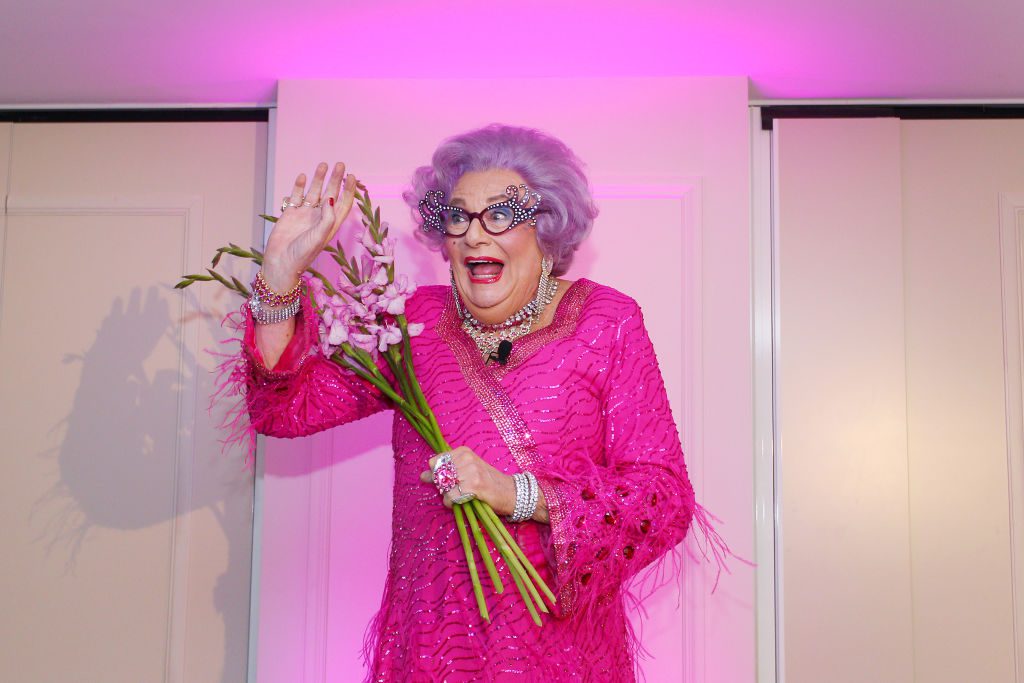 Dame Edna Everage hosts high tea in Sydney in 2019 (Photo by Lisa Maree Williams/Getty Images)