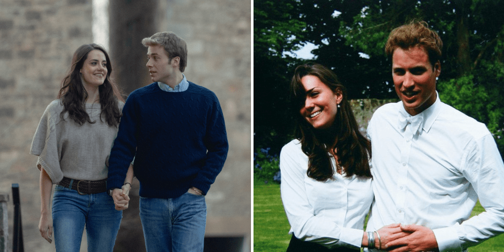 <em>Left: Meg Bellamy and Ed McVey who play Kate and William, The Crown/Netflix;
Right: Kate Middleton and Prince William on their graduation day from the University of St Andrews in June 2005, 
 Getty/Reuters</em>