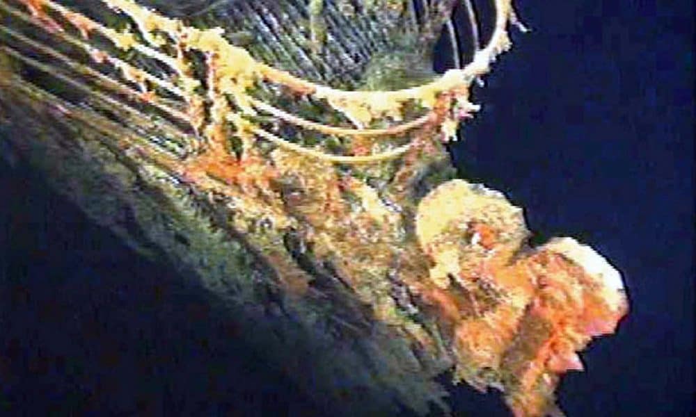 FILE PHOTO: The port bow railing of the Titanic lies in 12,600 feet of water about 400 miles east of Nova Scotia. Reuters/File Photo