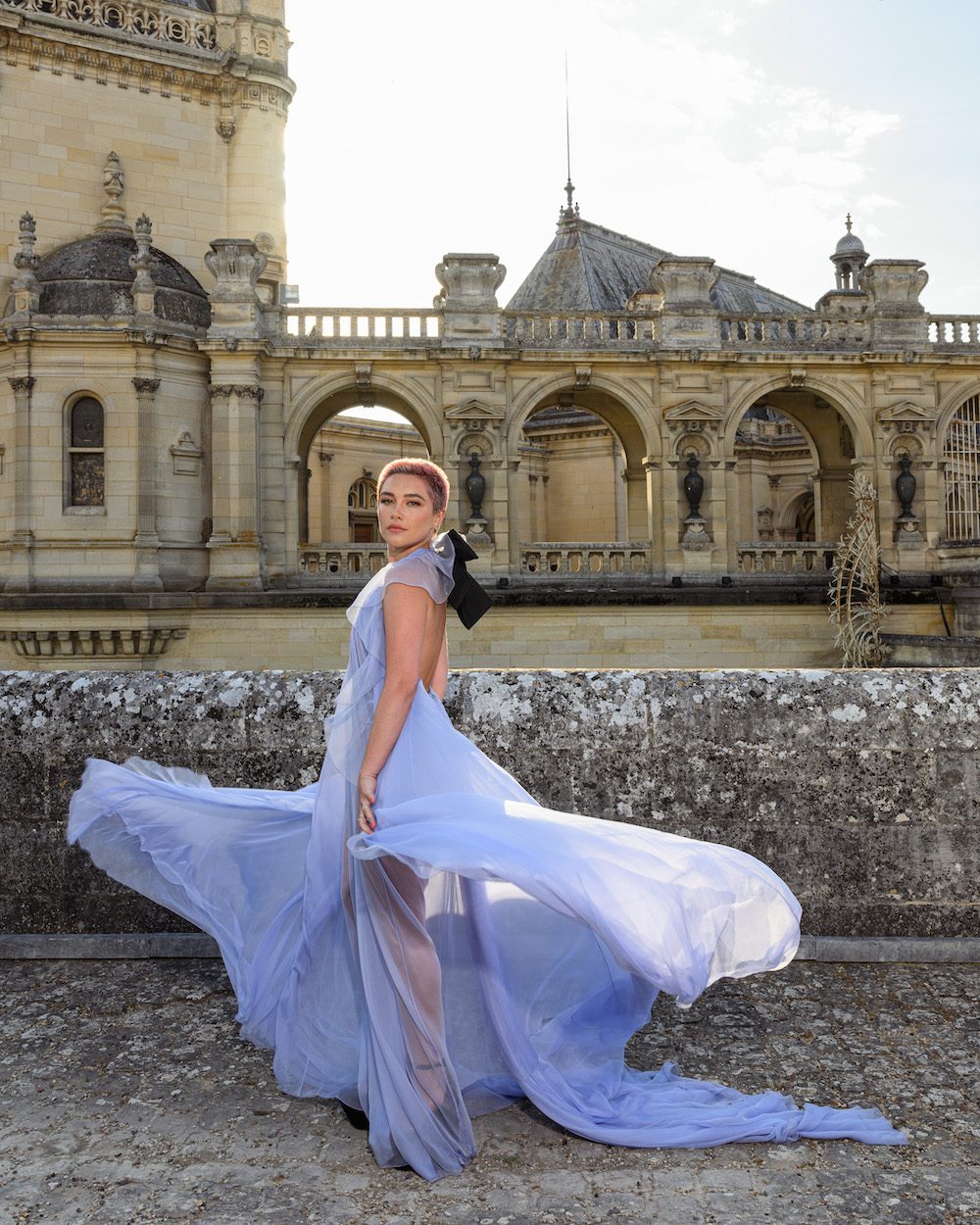 Florence Pugh<br />
Paris Haute Couture Women F/W 23-24<br />
Valentino - Backdrop<br />
Chantilly Castle<br />
France<br />
5th July 2023<br />
©SGPItalia<br />
id 129883_002<br />
Not ExclusiveNo Use Germany.