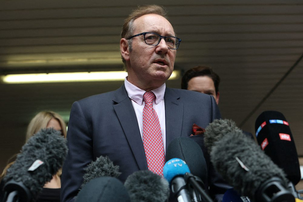 Actor Kevin Spacey speaks with the media outside Southwark Crown Court after he was found not guilty on charges related to allegations of sexual offenses, in London, Britain, July 26, 2023. REUTERS/Susannah Ireland