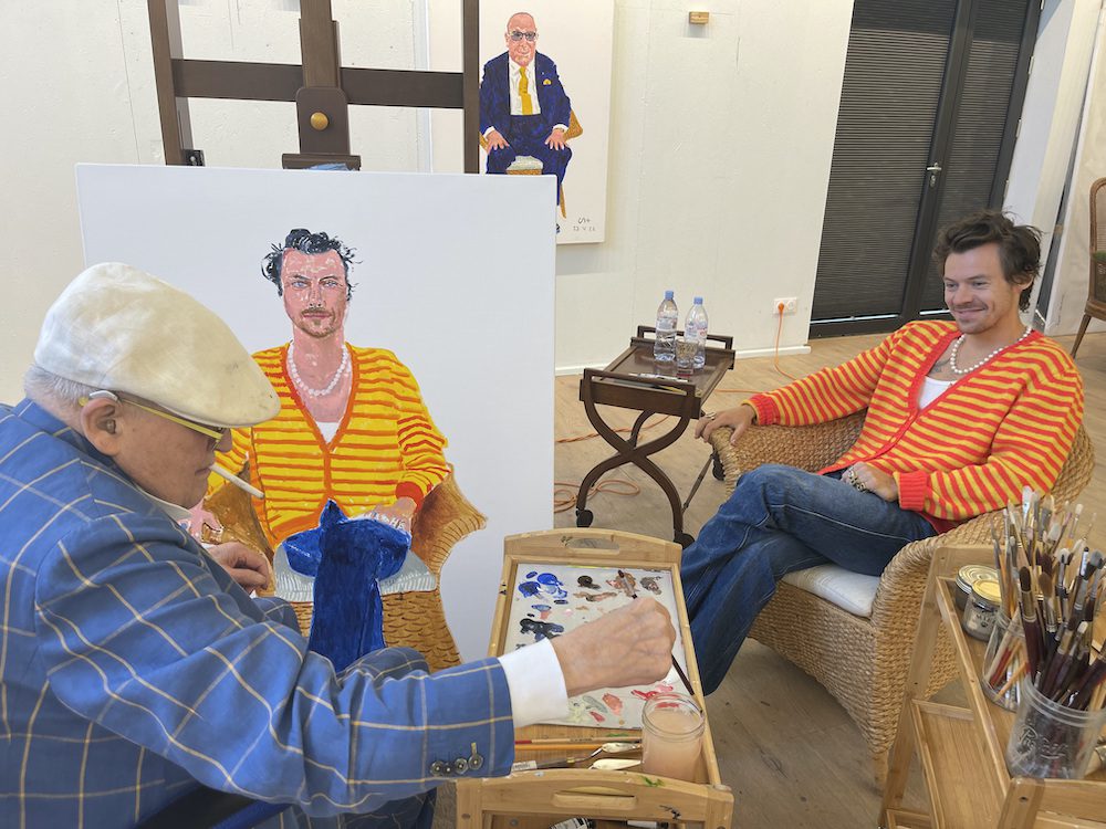 Undated handout photo issued by David Hockney of himself painting a portrait of Harry Styles which will go on display as part of "David Hockney: Drawing from Life," which opens on November 2 at the National Portrait Gallery in London.
