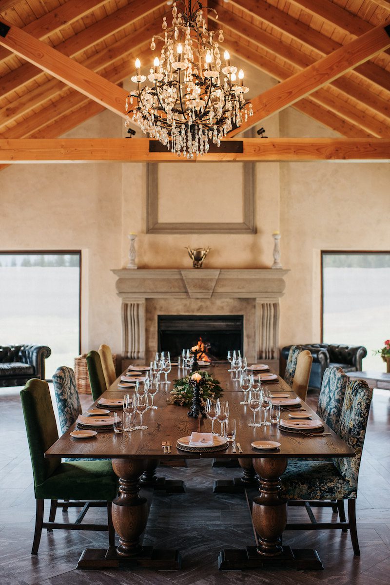 The Great Hall at Moraine Lodge is designed with vaulted wooden ceilings, the perfect location for grand entertaining