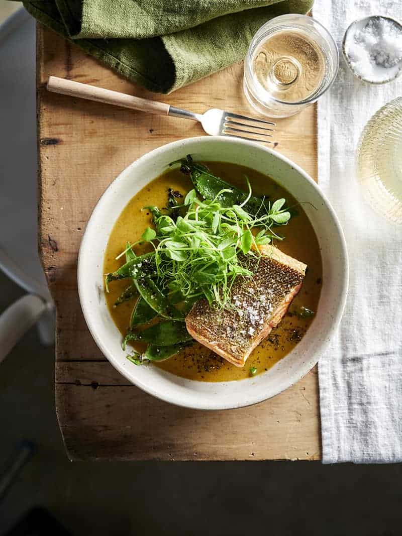 Gluten Free Malaysian Fish Curry with Blistered Snow Peas and Sugar Snap Peas