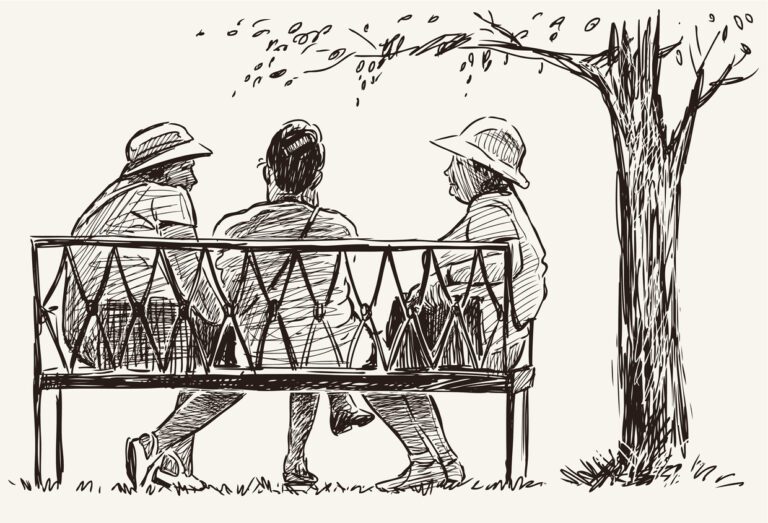 sketch of the three old women on a bench in a city park.