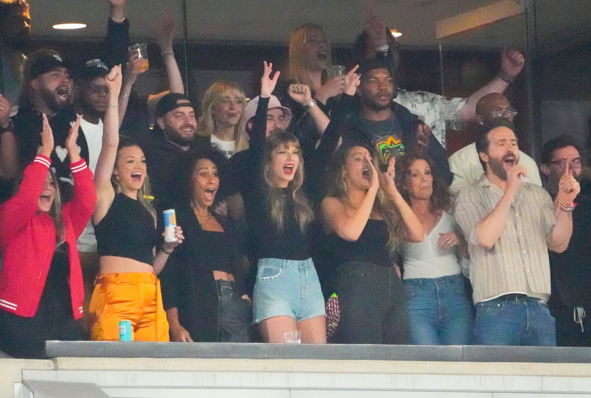 Taylor Swift, a guest of Kansas City Chiefs tight end Travis Kelce (87), cheers during the game at MetLife Stadium. Mandatory Credit: Robert Deutsch-USA TODAY Sports