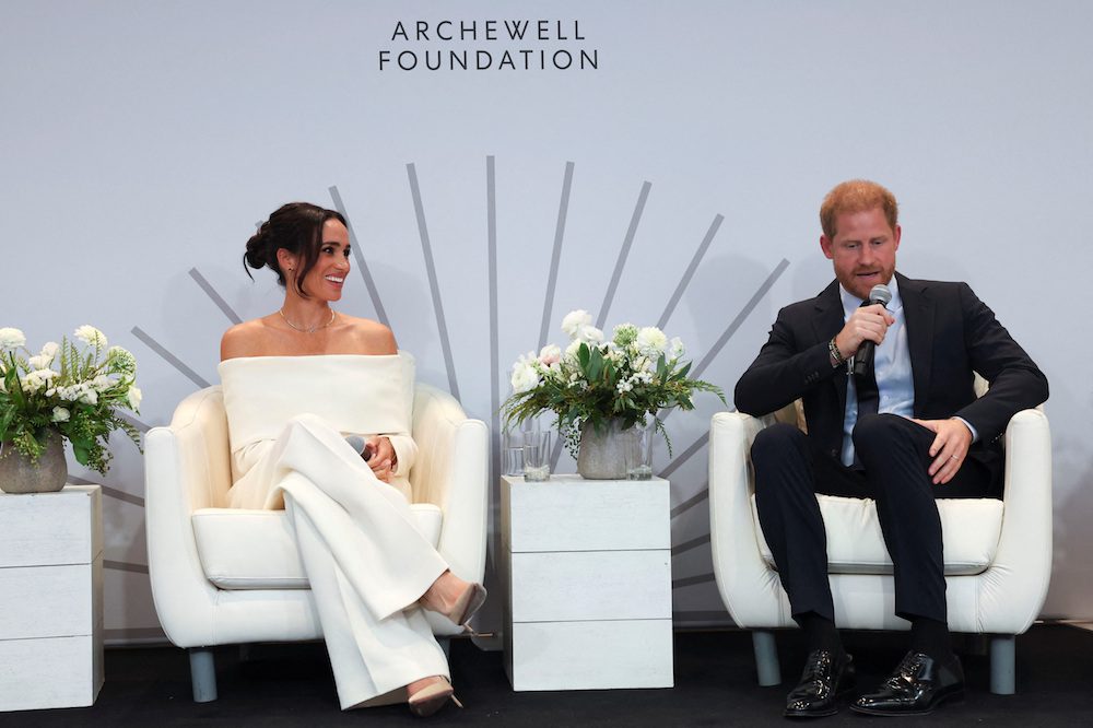 Britain's Prince Harry, Duke of Sussex and his wife Meghan, Duchess of Sussex participate in a panel held during Project Healthy Minds' second annual World Mental Health Day Festival and The Archewell Foundation Parents' Summit: Mental Wellness in the Digital Age in New York City, U.S., October 10, 2023. REUTERS/Mike Segar