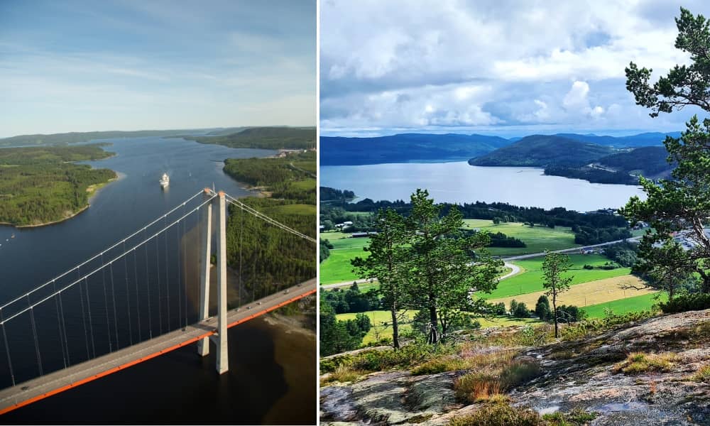 L: Högakustenbrön is just under two kilometres long and spans the mouth of the river Ångermanälven. R: View from Skuleberget. Images:  Nils BjuggstamHöga Kusten Destination Development and Roswitha Bruder-Pasewald. dpa via Reuters Connect (1)