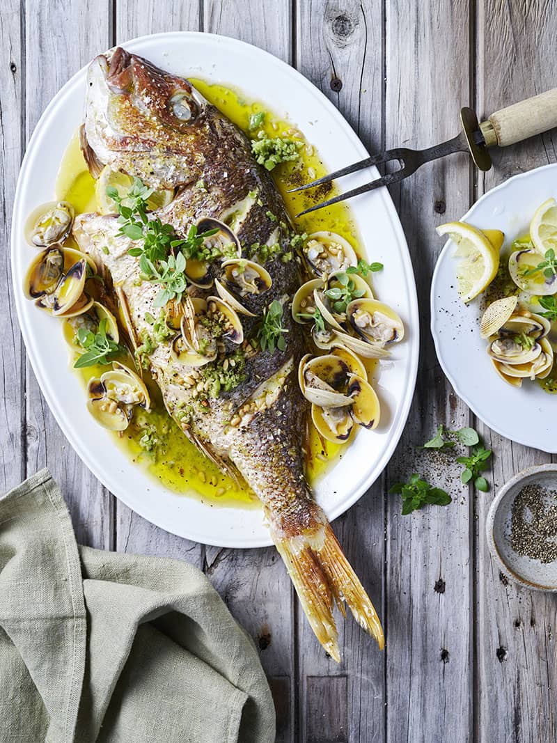 Mediterranean Baked Whole Snapper with Clams & Olives Dressing