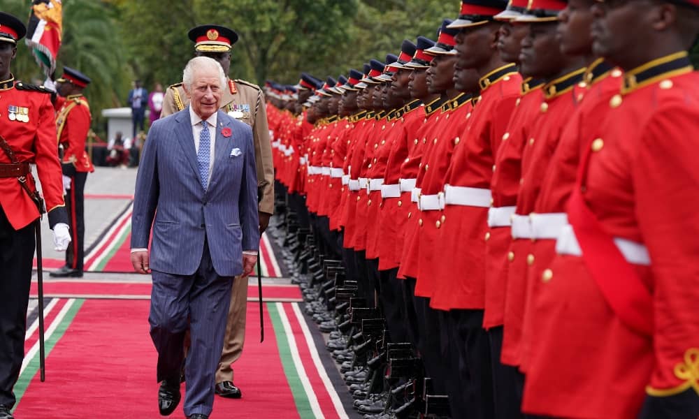 King Charles inspects the honour guards as he is hosted by Kenya's President William Ruto at State House in Nairobi, Kenya October 31, 2023. Arthur Edwards/Pool via REUTERS