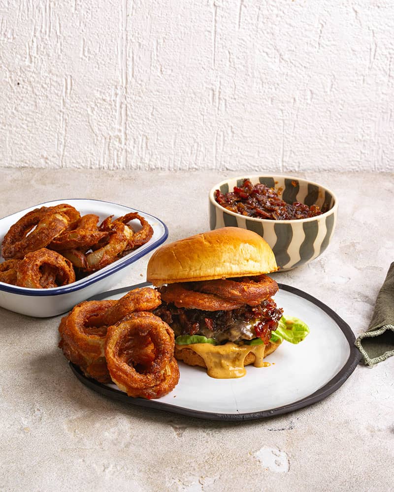 Burger with Onion Rings and Bacon & Onion Jam
