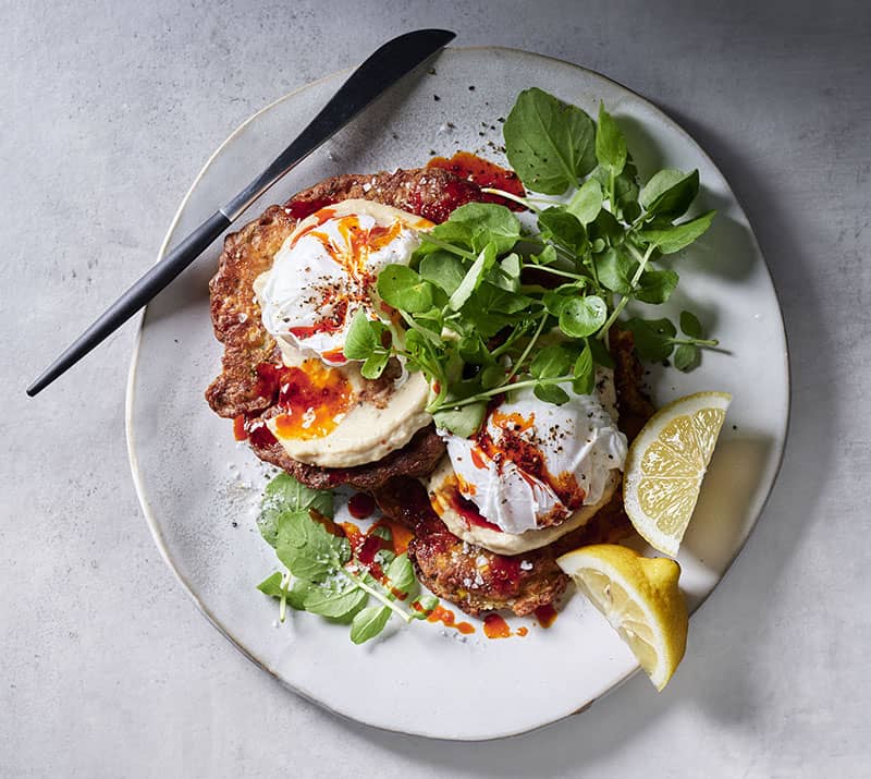 Middle Eastern Corn & Halloumi Fritters with Poached Eggs & Hummus