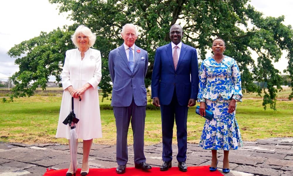 Queen Camilla, King Charles III, President of Kenya, William Ruto, and First Lady of Kenya Rachel Ruto pose for a photograph in front of the Mugomo Tree in Uhuru Gardens, Nairobi, on day one of the State Visit to Kenya. Victoria Jones/Pool via REUTERS