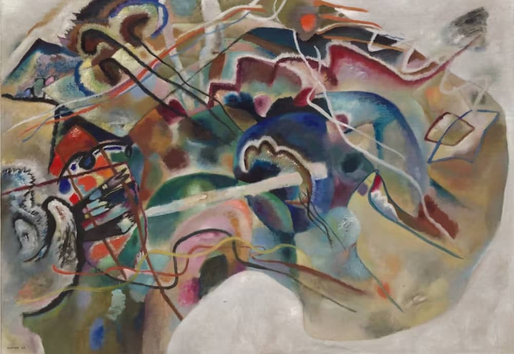 Vasily Kandinsky, Painting with white border, May 1913. Oil on canvas, 140.3 x 200.3 cm. Solomon R. Guggenheim Museum, New York, Solomon R. Guggenheim Founding Collection, by gift, photo courtesy Solomon R. Guggenheim Foundation.