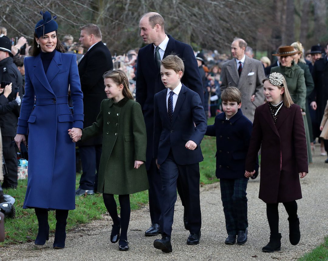 William, Prince of Wales, Catherine, Princess of Wales, Prince George, Princess Charlotte, Prince Louis and Mia Tindall arrive to attend the Royal Family's Christmas Day service at St. Mary Magdalene's church, as the Royals take residence at the Sandringham estate in eastern England, Britain December 25, 2023. REUTERS/Chris Radburn