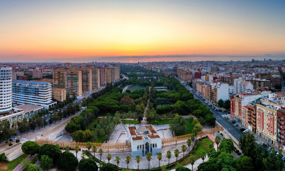 Sunrise over Turia Gardens, a riverbed turned into a park, in Valencia, Spain.