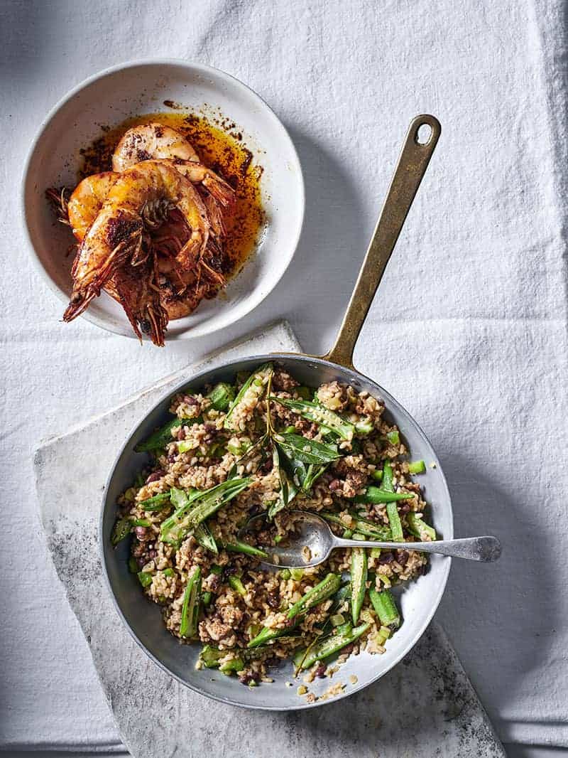 Louisiana dirty rice with cajun butter prawns.