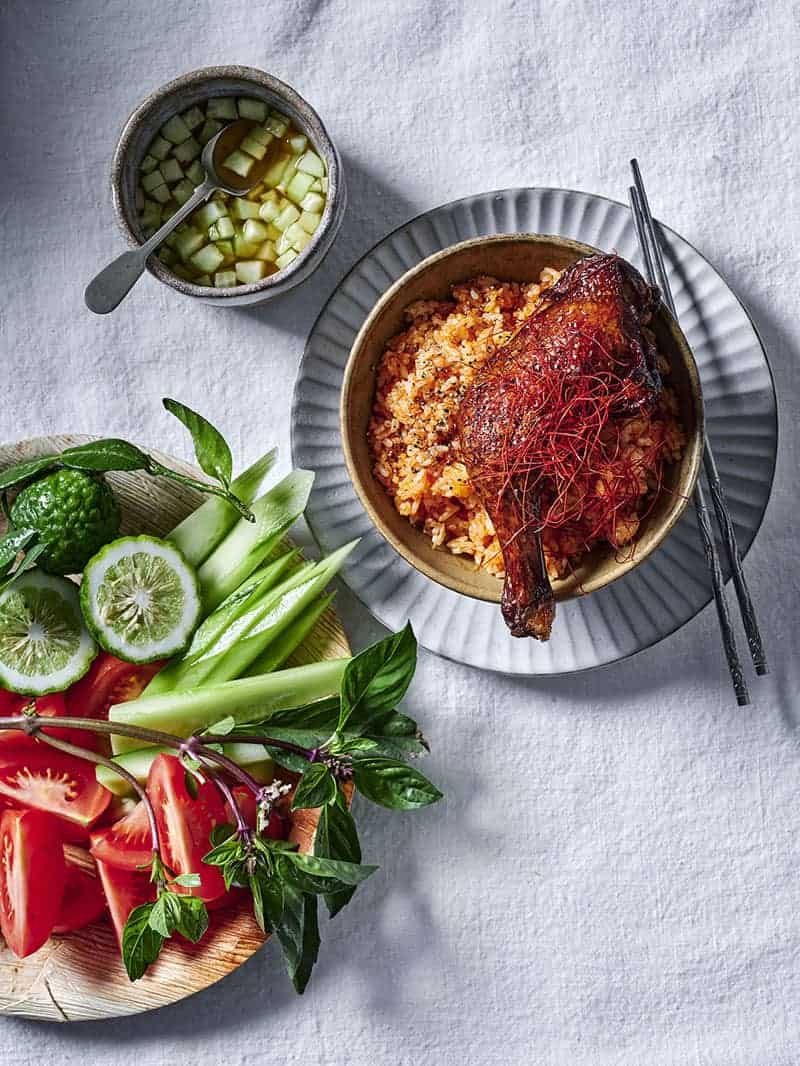 Broken Red Rice with Crispy Chicken