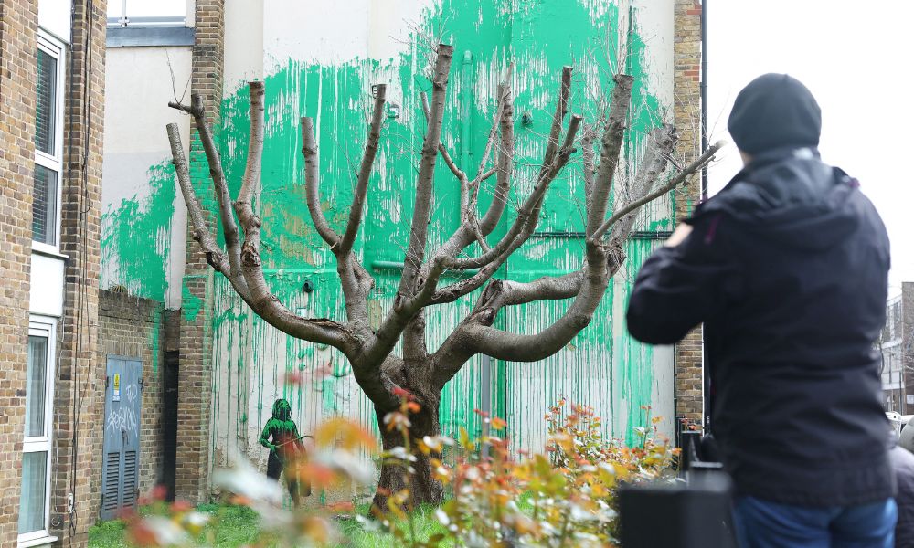 A view shows a detail of a new mural attributed to the British artist Banksy in north London, Britain, March 18, 2024. REUTERSToby Melville