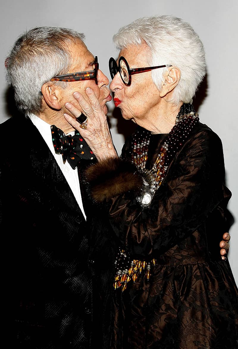 Iris Apfel is pictured  with her late husband Carl Apfel at the 2008 Lighthouse International Light Years Gala in New York City. 