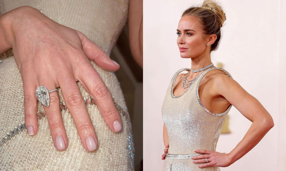 Emily Blunt wore an understated manicure at the 2024 Oscars. Images / @julieknailsnyc