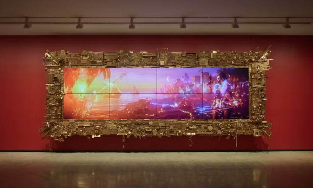 Serwah Attafuah, Between this World & the Next, 2023 – 24, installation view. 24th Biennale of Sydney: Ten Thousand Suns, Museum of Contemporary Art Australia, 2024. Digital 3D render , e-waste, wood, enamel, image courtesy and © the artist. Photograph: Hamish McIntosh.