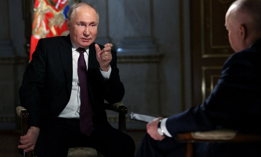 Vladimir Putin speaks during an interview in Moscow, March 12, 2024. Sputnik/Gavriil Grigorov/Pool via REUTERS