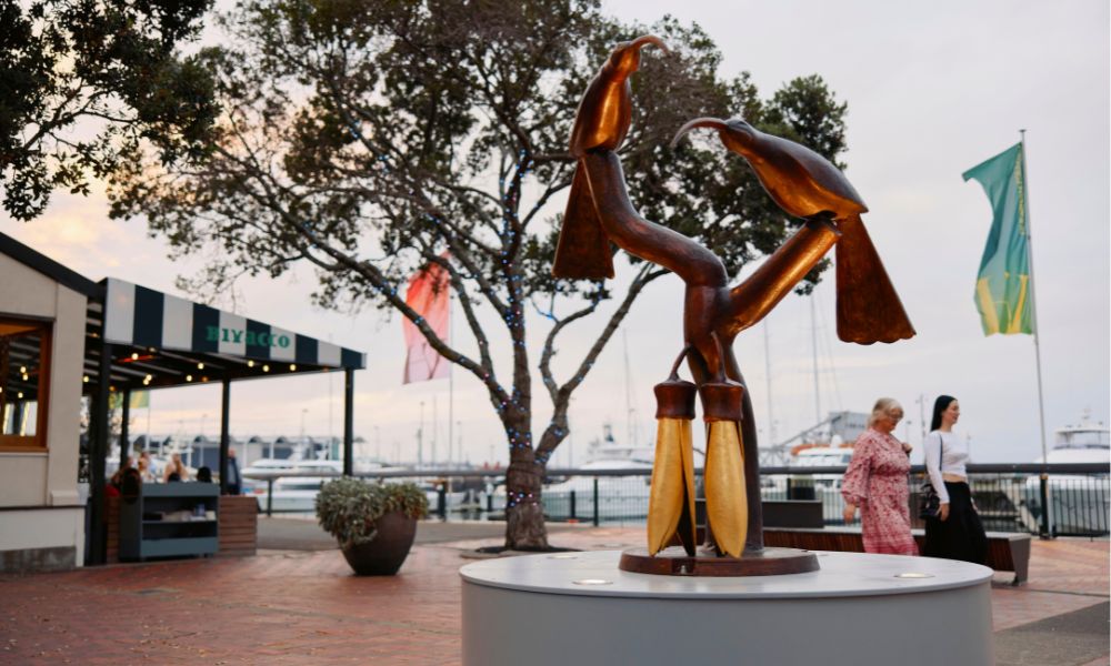 Paul Dibble's Stories of a Lost Land, in Bronze and 24 carat gold gilding, outside Bivaco restaurant in Viaduct Harbour for the Aotearoa Art Fair.  Photo / Supplied