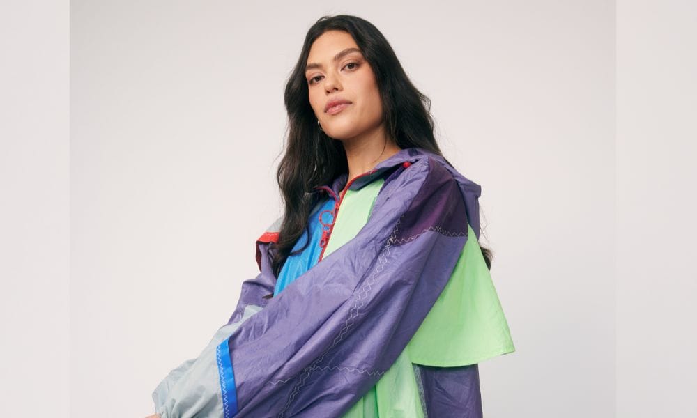 Sue Prescott’s entry Southerly Change (see below for full design) is a raincoat crafted from 95% locally sourced sail-cloth waste, including two old racing spinnakers. Photo / Supplied