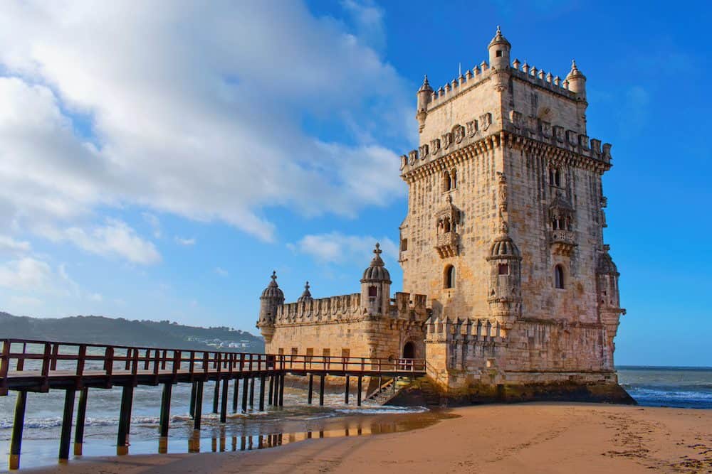 Belem Tower or Tower of Staint Vincent on the bank of the Tagus River. Lisbon, Portugal