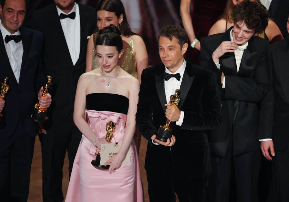 Director Sean Baker stands beside Best Actress winner Mikey Madison after Anora won the Oscar for Best Picture during the Oscars show at the 97th Academy Awards. Photo / Reuters