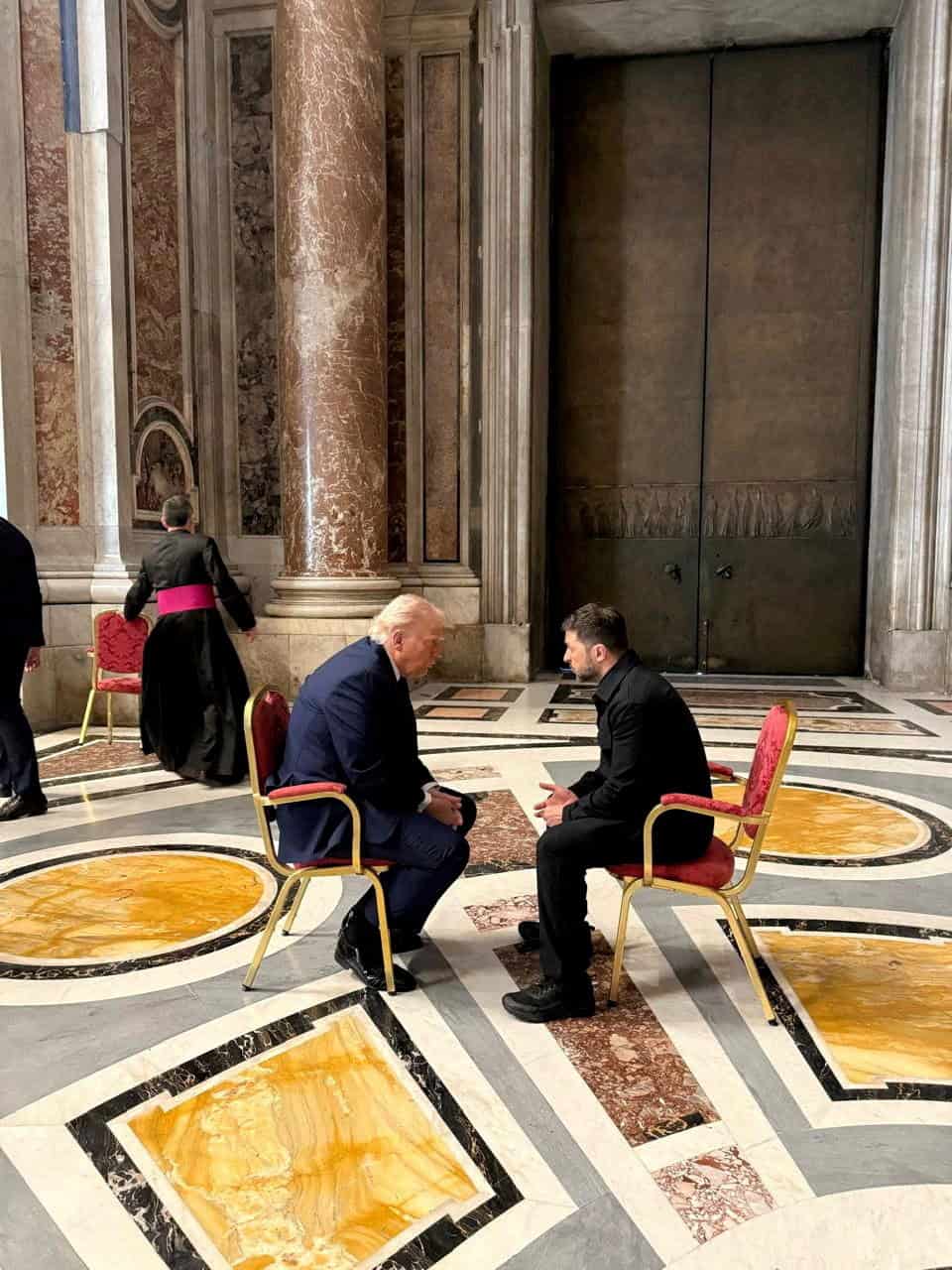 Ukraine's President Volodymyr Zelenskiy and U.S. President Donald Trump appear at a meeting, while they attend the funeral of Pope Francis, at the Vatican April 26, 2025. Ukrainian Presidential Press Service/Handout via REUTERS