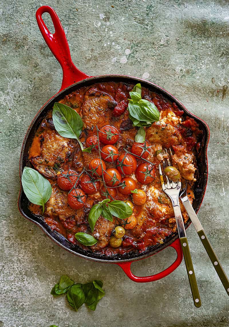 Dirty Martini Chicken Thighs with Burst Tomatoes and Feta