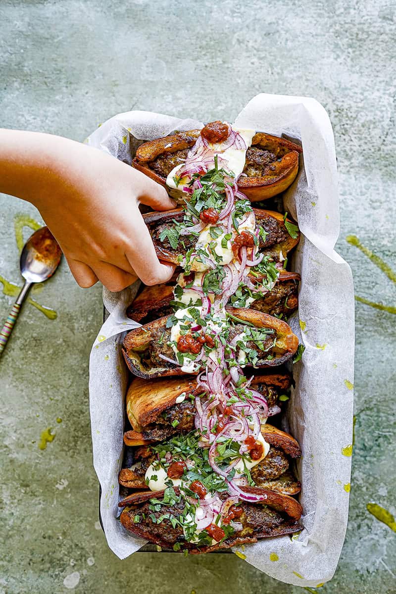 Lamb Arayes with Pickled Onions and Harissa