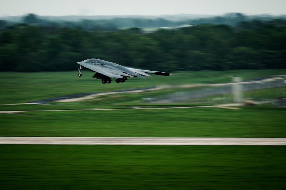 A B-2 Spirit stealth bomber takes off at Whiteman Air Force Base, Missouri, April 30, 2025.  U.S. Air Force/Staff Sgt. Joshua Hastings/Handout via REUTERS THIS IMAGE HAS BEEN SUPPLIED BY A THIRD PARTY