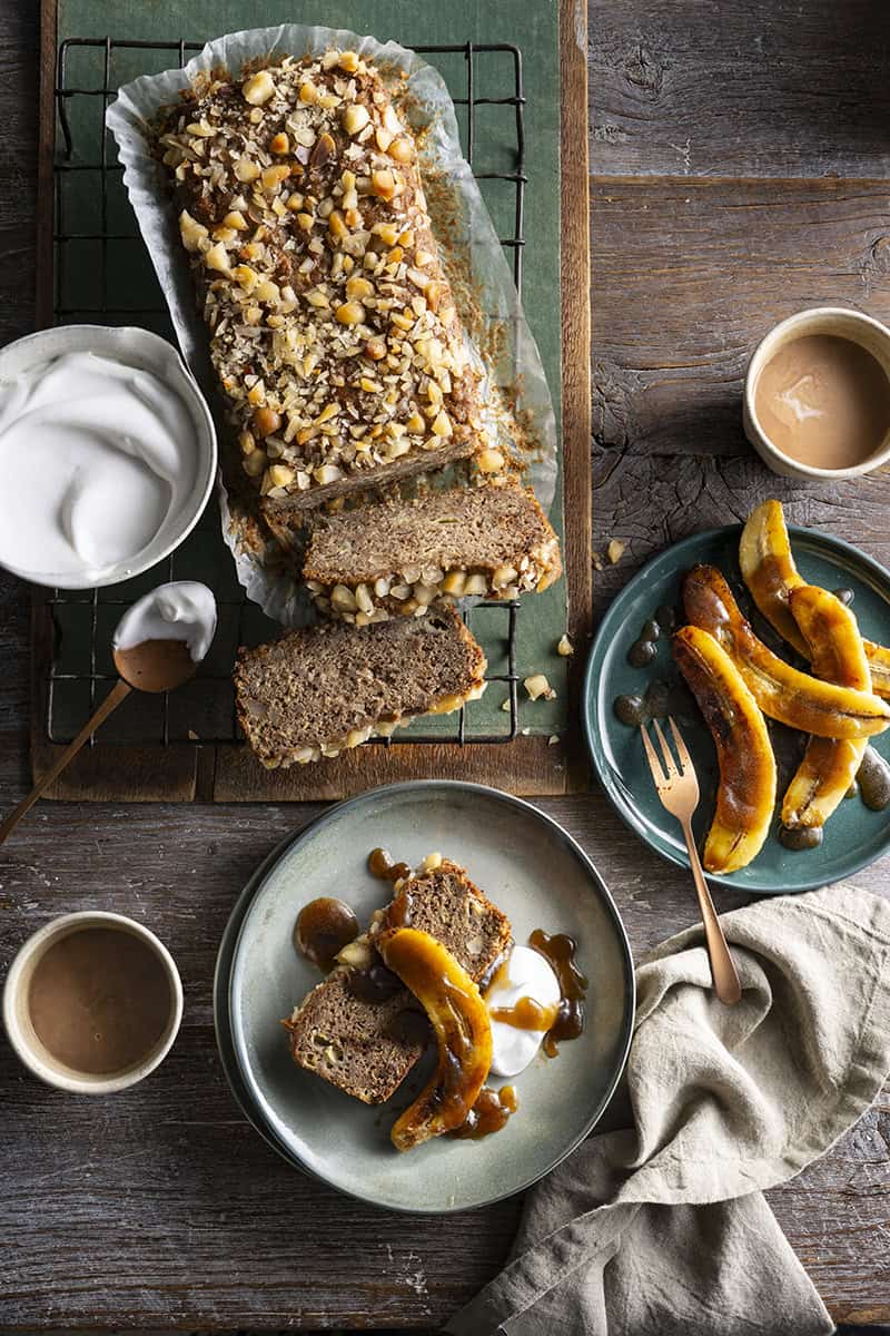 Banana Macadamia Loaf with Caramelised Bananas