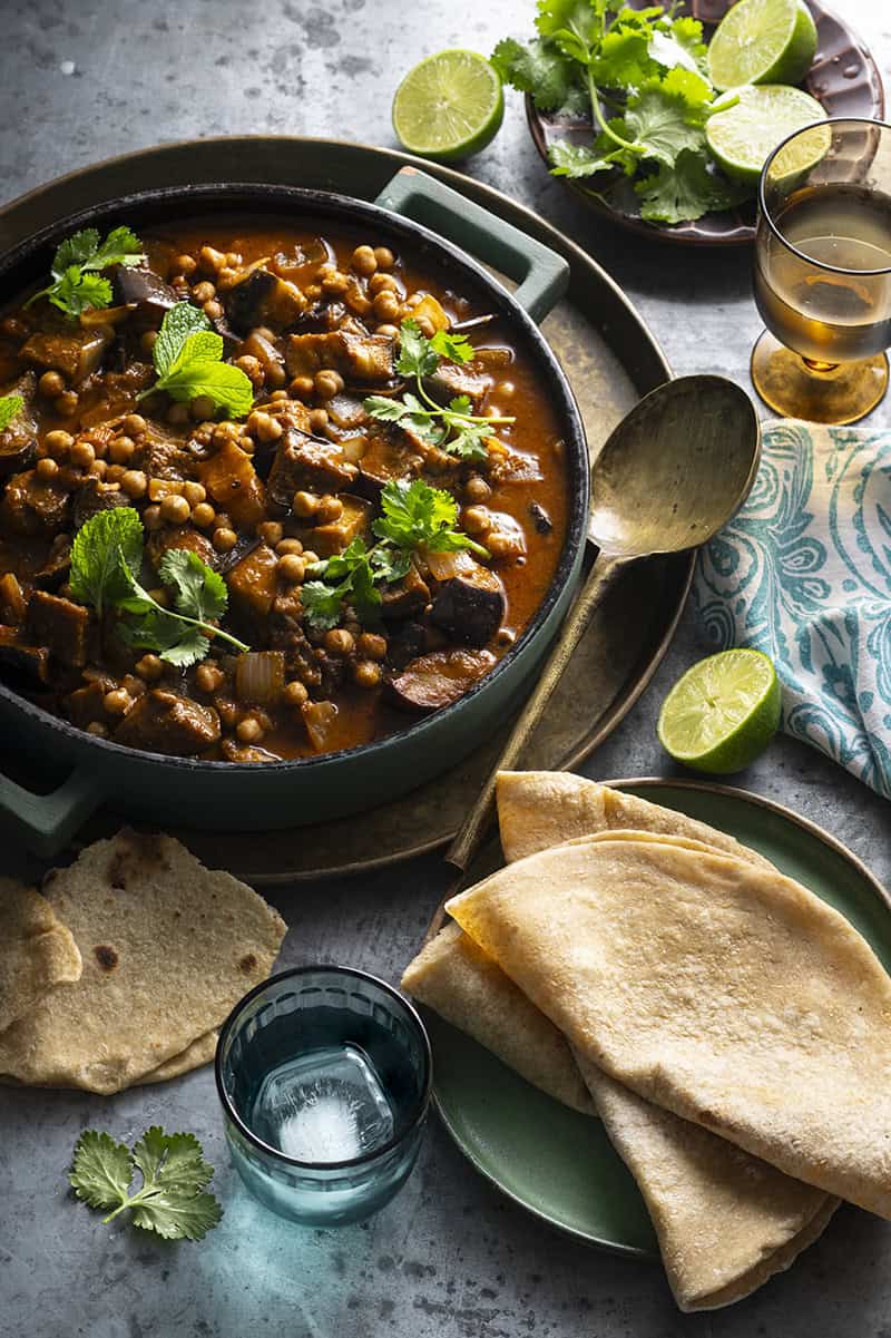 Eggplant and Chickpea Curry with Wholemeal Roti