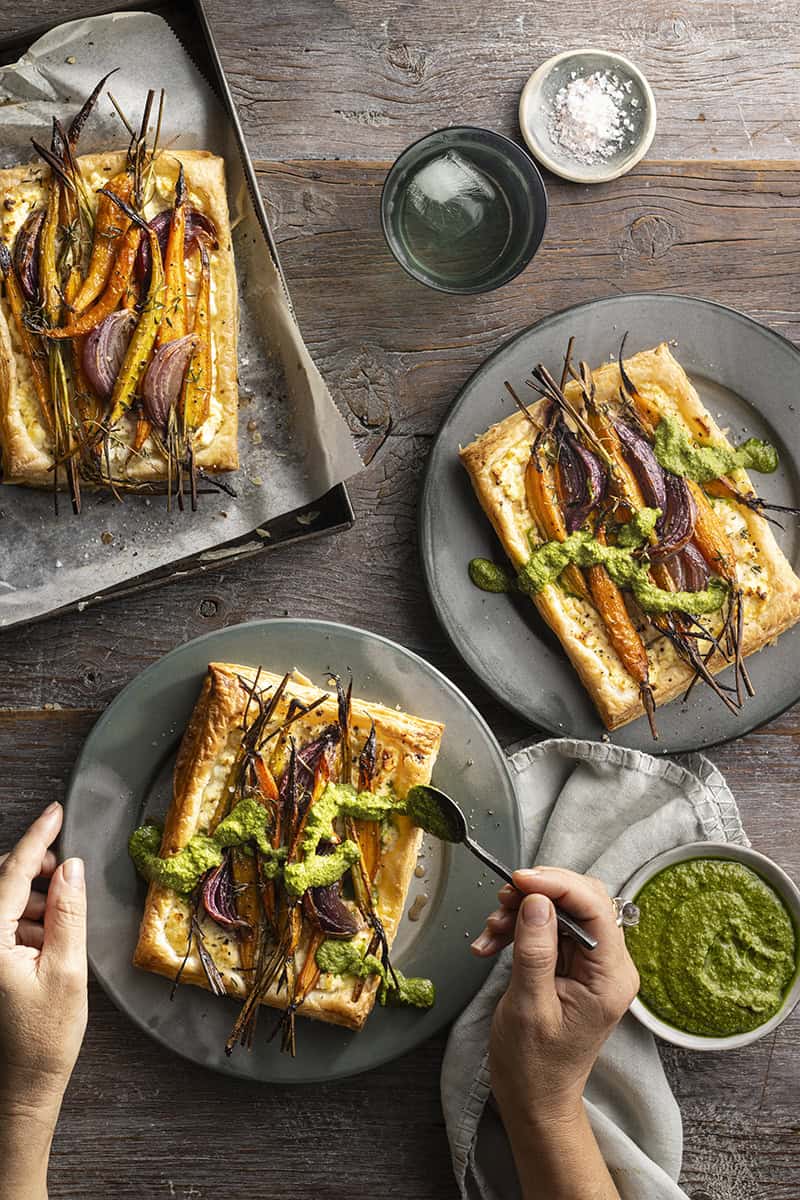 Roasted Glazed Carrot Galette with Carrot Top Pesto