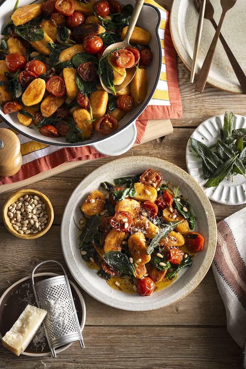 Sweet Potato Gnocchi with Seared Cherry Tomatoes and Spinach Sauce