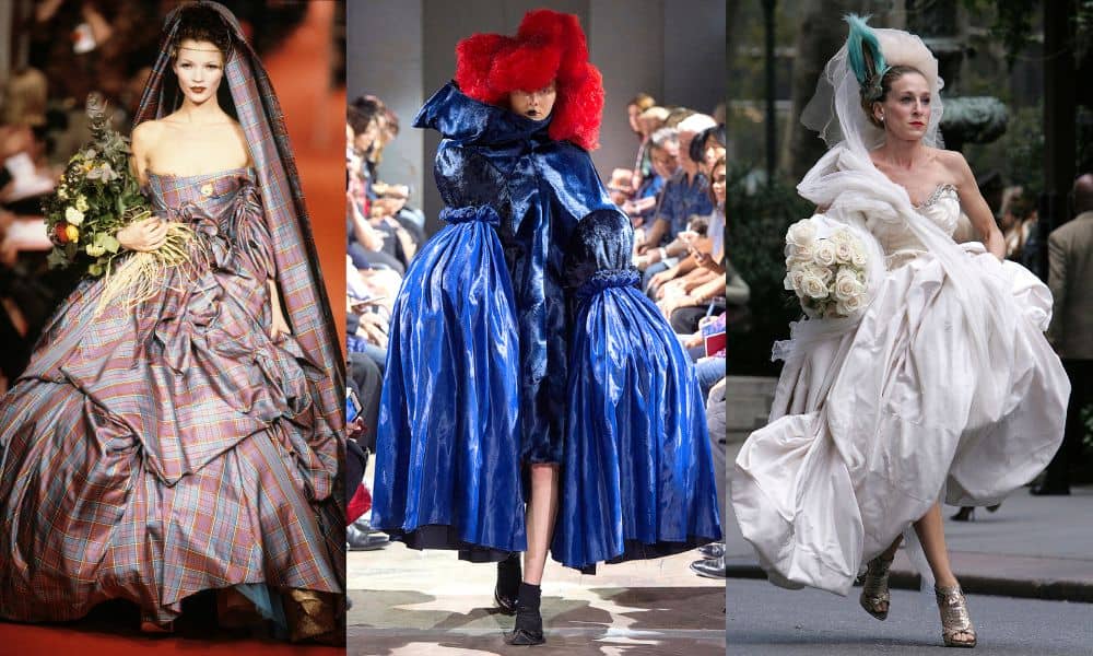 These iconic garments are included in the NGV exhibition: Model Kate Moss wearing Look 49 from Vivienne Westwood’s  Anglomania collection, autumn–winter 1993–94; Look 1, from Comme des Garçon Blue Witch collection, spring–summer2016; Sarah Jessica Parker wears a Vivienne Westwood wedding gown on the set of Sex and the City: The Movie, 2007. Images / Comme des Garçons, firstVIEW, Getty Images
