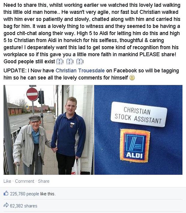 Supermarket worker becomes internet hero after walking pensioner home