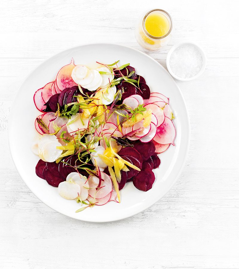 Shaved Beetroot, White Turnips, Microgreens and a Miso and Ginger Dressing